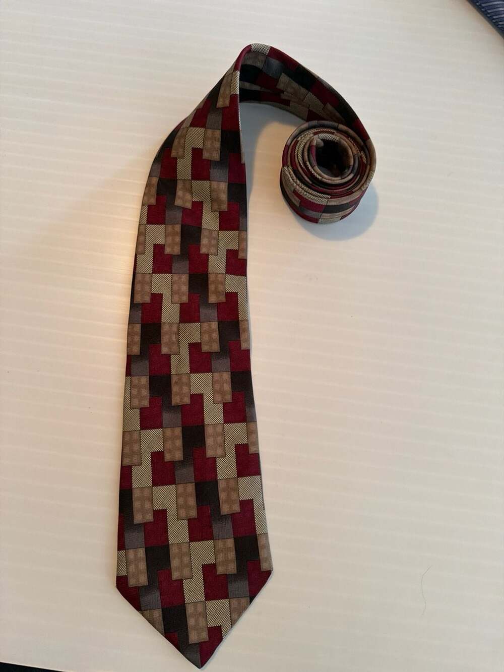 Fratelli Vintage Geometric Tile Pattern Silk Tie Handmade in Italy 63.5” L